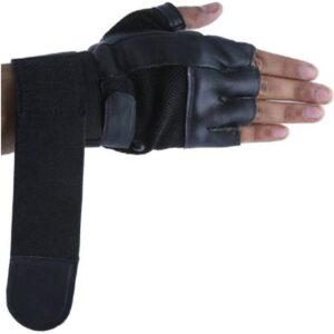 Black hand gym gloves designed for weightlifting and other exercises, made with high-quality materials for a comfortable and secure fit. These gloves feature reinforced stitching, adjustable wrist straps, and a non-slip grip to prevent injuries and enhance performance. Perfect for fitness enthusiasts who want to protect their hands and improve their grip during intense workouts.