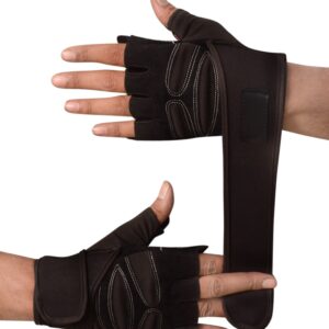 Black hand gym gloves designed for weightlifting and other exercises, made with high-quality materials for a comfortable and secure fit. These gloves feature reinforced stitching, adjustable wrist straps, and a non-slip grip to prevent injuries and enhance performance. Perfect for fitness enthusiasts who want to protect their hands and improve their grip during intense workouts.