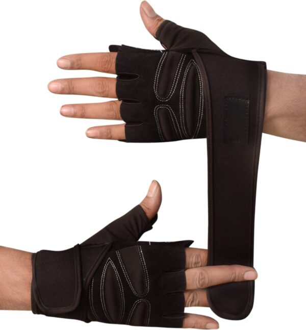 Black hand gym gloves designed for weightlifting and other exercises, made with high-quality materials for a comfortable and secure fit. These gloves feature reinforced stitching, adjustable wrist straps, and a non-slip grip to prevent injuries and enhance performance. Perfect for fitness enthusiasts who want to protect their hands and improve their grip during intense workouts.