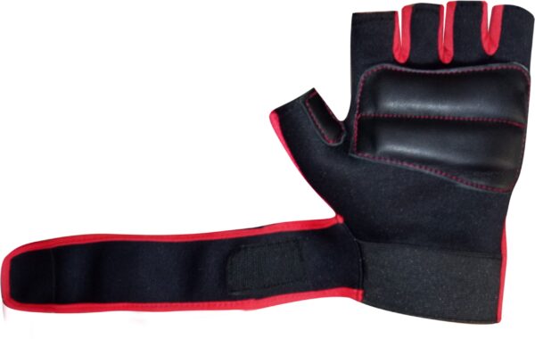 Black and red hand gym gloves designed for weightlifting and other exercises, made with durable materials to ensure a secure and comfortable fit. These gloves feature reinforced stitching, adjustable wrist straps, and a non-slip grip to maximize performance and prevent injuries. Perfect for fitness enthusiasts who want to protect their hands during intense workouts and improve their grip