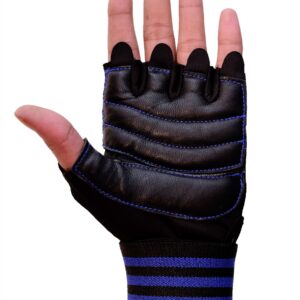 Black and blue hand gym gloves designed for weightlifting and other exercises, made with high-quality materials for a comfortable and secure fit. These gloves feature reinforced stitching, adjustable wrist straps, and a non-slip grip to prevent injuries and enhance performance. Ideal for fitness enthusiasts who want to protect their hands and improve their grip during intense workouts.