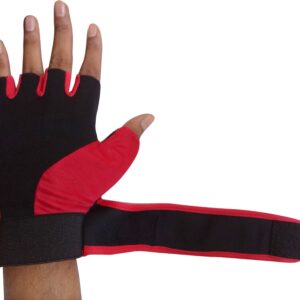 Black and red hand gym gloves designed for weightlifting and other exercises, made with durable materials to ensure a secure and comfortable fit. These gloves feature reinforced stitching, adjustable wrist straps, and a non-slip grip to maximize performance and prevent injuries. Perfect for fitness enthusiasts who want to protect their hands during intense workouts and improve their grip