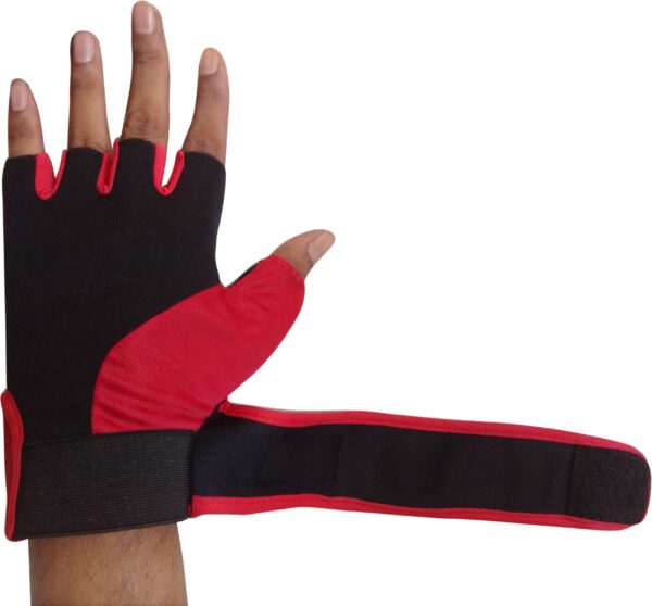 Black and red hand gym gloves designed for weightlifting and other exercises, made with durable materials to ensure a secure and comfortable fit. These gloves feature reinforced stitching, adjustable wrist straps, and a non-slip grip to maximize performance and prevent injuries. Perfect for fitness enthusiasts who want to protect their hands during intense workouts and improve their grip