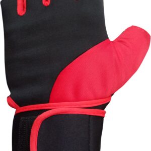 Black and red hand gym gloves designed for weightlifting and other exercises, made with durable materials to ensure a secure and comfortable fit. These gloves feature reinforced stitching, adjustable wrist straps, and a non-slip grip to maximize performance and prevent injuries. Perfect for fitness enthusiasts who want to protect their hands during intense workouts and improve their grip