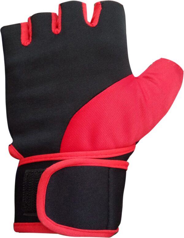 Black and red hand gym gloves designed for weightlifting and other exercises, made with durable materials to ensure a secure and comfortable fit. These gloves feature reinforced stitching, adjustable wrist straps, and a non-slip grip to maximize performance and prevent injuries. Perfect for fitness enthusiasts who want to protect their hands during intense workouts and improve their grip