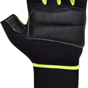 Black and green hand gym gloves made with high-quality materials for a comfortable and secure fit during weightlifting and other exercises. These gloves feature reinforced stitching, adjustable wrist straps, and a non-slip grip to prevent injury and maximize performance. Perfect for fitness enthusiasts who want to protect their hands and improve their workout experience.