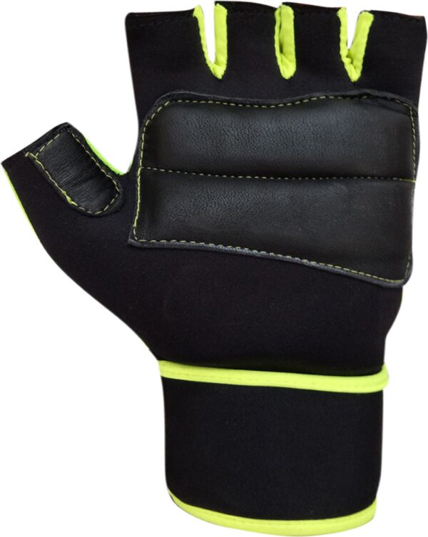 Black and green hand gym gloves made with high-quality materials for a comfortable and secure fit during weightlifting and other exercises. These gloves feature reinforced stitching, adjustable wrist straps, and a non-slip grip to prevent injury and maximize performance. Perfect for fitness enthusiasts who want to protect their hands and improve their workout experience.