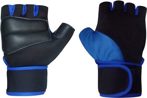 Black and blue hand gym gloves designed for weightlifting and other exercises, made with high-quality materials for a comfortable and secure fit. These gloves feature reinforced stitching, adjustable wrist straps, and a non-slip grip to prevent injuries and enhance performance. Ideal for fitness enthusiasts who want to protect their hands and improve their grip during intense workouts.