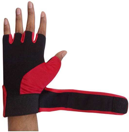 Black and red hand gym gloves designed for weightlifting and other exercises, made with durable materials to ensure a secure and comfortable fit. These gloves feature reinforced stitching, adjustable wrist straps, and a non-slip grip to maximize performance and prevent injuries. Perfect for fitness enthusiasts who want to protect their hands during intense workouts and improve their grip