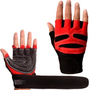 Black and red hand gym gloves designed for weightlifting and other exercises, made with durable materials to ensure a secure and comfortable fit. These gloves feature reinforced stitching, adjustable wrist straps, and a non-slip grip to maximize performance and prevent injuries. Perfect for fitness enthusiasts who want to protect their hands during intense workouts and improve their grip