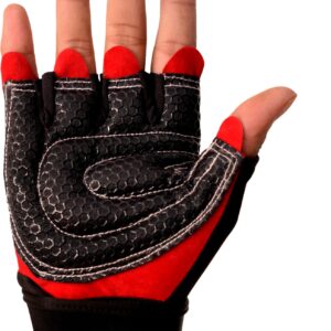 Black and red hand gym gloves designed for weightlifting and other exercises, made with durable materials to ensure a secure and comfortable fit. These gloves feature reinforced stitching, adjustable wrist straps, and a non-slip grip to maximize performance and prevent injuries. Perfect for fitness enthusiasts who want to protect their hands during intense workouts and improve their grip