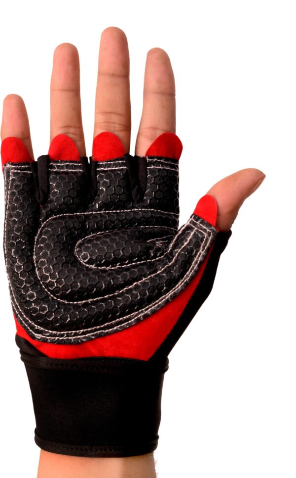 Black and red hand gym gloves designed for weightlifting and other exercises, made with durable materials to ensure a secure and comfortable fit. These gloves feature reinforced stitching, adjustable wrist straps, and a non-slip grip to maximize performance and prevent injuries. Perfect for fitness enthusiasts who want to protect their hands during intense workouts and improve their grip