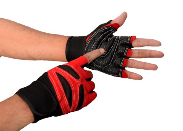 Black and red hand gym gloves designed for weightlifting and other exercises, made with durable materials to ensure a secure and comfortable fit. These gloves feature reinforced stitching, adjustable wrist straps, and a non-slip grip to maximize performance and prevent injuries. Perfect for fitness enthusiasts who want to protect their hands during intense workouts and improve their grip