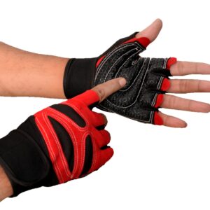 Black and red hand gym gloves designed for weightlifting and other exercises, made with durable materials to ensure a secure and comfortable fit. These gloves feature reinforced stitching, adjustable wrist straps, and a non-slip grip to maximize performance and prevent injuries. Perfect for fitness enthusiasts who want to protect their hands during intense workouts and improve their grip