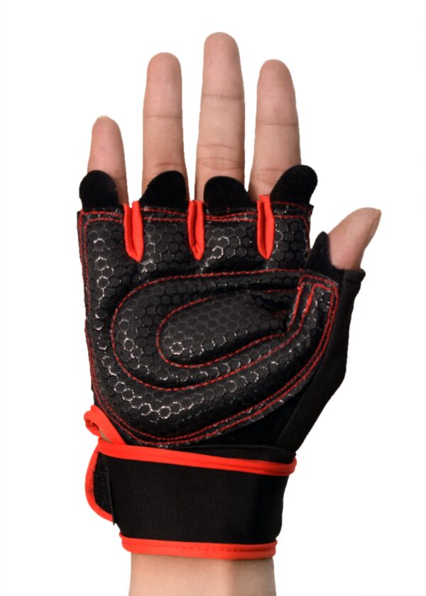 Black and red hand gym gloves designed for weightlifting and other exercises, made with durable materials to ensure a secure and comfortable fit. These gloves feature reinforced stitching, adjustable wrist straps, and a non-slip grip to maximize performance and prevent injuries. Perfect for fitness enthusiasts who want to protect their hands during intense workouts and improve their grip