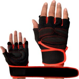 Black and red hand gym gloves designed for weightlifting and other exercises, made with durable materials to ensure a secure and comfortable fit. These gloves feature reinforced stitching, adjustable wrist straps, and a non-slip grip to maximize performance and prevent injuries. Perfect for fitness enthusiasts who want to protect their hands during intense workouts and improve their grip