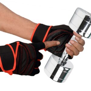 Black and red hand gym gloves designed for weightlifting and other exercises, made with durable materials to ensure a secure and comfortable fit. These gloves feature reinforced stitching, adjustable wrist straps, and a non-slip grip to maximize performance and prevent injuries. Perfect for fitness enthusiasts who want to protect their hands during intense workouts and improve their grip