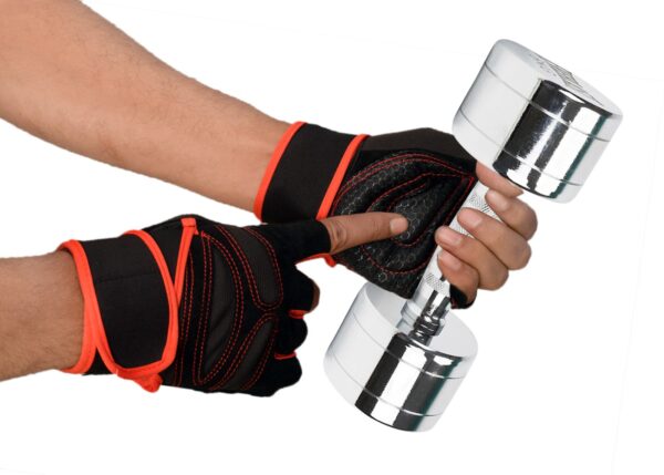 Black and red hand gym gloves designed for weightlifting and other exercises, made with durable materials to ensure a secure and comfortable fit. These gloves feature reinforced stitching, adjustable wrist straps, and a non-slip grip to maximize performance and prevent injuries. Perfect for fitness enthusiasts who want to protect their hands during intense workouts and improve their grip