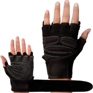 Black hand gym gloves designed for weightlifting and other exercises, made with high-quality materials for a comfortable and secure fit. These gloves feature reinforced stitching, adjustable wrist straps, and a non-slip grip to prevent injuries and enhance performance. Perfect for fitness enthusiasts who want to protect their hands and improve their grip during intense workouts.