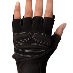 Black hand gym gloves designed for weightlifting and other exercises, made with high-quality materials for a comfortable and secure fit. These gloves feature reinforced stitching, adjustable wrist straps, and a non-slip grip to prevent injuries and enhance performance. Perfect for fitness enthusiasts who want to protect their hands and improve their grip during intense workouts.