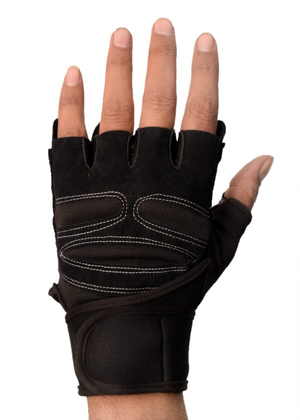 Black hand gym gloves designed for weightlifting and other exercises, made with high-quality materials for a comfortable and secure fit. These gloves feature reinforced stitching, adjustable wrist straps, and a non-slip grip to prevent injuries and enhance performance. Perfect for fitness enthusiasts who want to protect their hands and improve their grip during intense workouts.