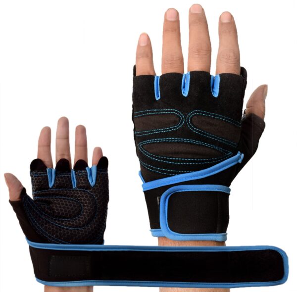 Black and blue hand gym gloves designed for weightlifting and other exercises, made with high-quality materials for a comfortable and secure fit. These gloves feature reinforced stitching, adjustable wrist straps, and a non-slip grip to prevent injuries and enhance performance. Ideal for fitness enthusiasts who want to protect their hands and improve their grip during intense workouts.