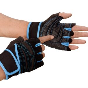 Black and blue hand gym gloves designed for weightlifting and other exercises, made with high-quality materials for a comfortable and secure fit. These gloves feature reinforced stitching, adjustable wrist straps, and a non-slip grip to prevent injuries and enhance performance. Ideal for fitness enthusiasts who want to protect their hands and improve their grip during intense workouts.