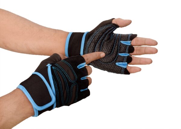 Black and blue hand gym gloves designed for weightlifting and other exercises, made with high-quality materials for a comfortable and secure fit. These gloves feature reinforced stitching, adjustable wrist straps, and a non-slip grip to prevent injuries and enhance performance. Ideal for fitness enthusiasts who want to protect their hands and improve their grip during intense workouts.