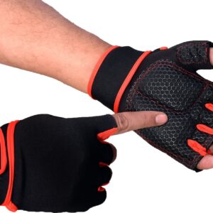 Black and red hand gym gloves designed for weightlifting and other exercises, made with durable materials to ensure a secure and comfortable fit. These gloves feature reinforced stitching, adjustable wrist straps, and a non-slip grip to maximize performance and prevent injuries. Perfect for fitness enthusiasts who want to protect their hands during intense workouts and improve their grip
