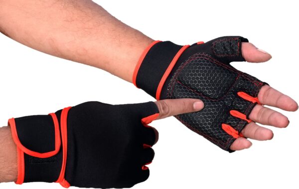 Black and red hand gym gloves designed for weightlifting and other exercises, made with durable materials to ensure a secure and comfortable fit. These gloves feature reinforced stitching, adjustable wrist straps, and a non-slip grip to maximize performance and prevent injuries. Perfect for fitness enthusiasts who want to protect their hands during intense workouts and improve their grip