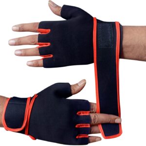 Black and red hand gym gloves designed for weightlifting and other exercises, made with durable materials to ensure a secure and comfortable fit. These gloves feature reinforced stitching, adjustable wrist straps, and a non-slip grip to maximize performance and prevent injuries. Perfect for fitness enthusiasts who want to protect their hands during intense workouts and improve their grip