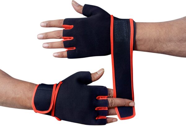 Black and red hand gym gloves designed for weightlifting and other exercises, made with durable materials to ensure a secure and comfortable fit. These gloves feature reinforced stitching, adjustable wrist straps, and a non-slip grip to maximize performance and prevent injuries. Perfect for fitness enthusiasts who want to protect their hands during intense workouts and improve their grip