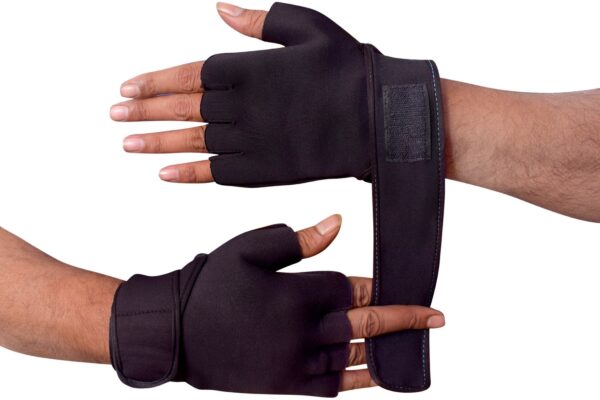 Black hand gym gloves designed for weightlifting and other exercises, made with high-quality materials for a comfortable and secure fit. These gloves feature reinforced stitching, adjustable wrist straps, and a non-slip grip to prevent injuries and enhance performance. Perfect for fitness enthusiasts who want to protect their hands and improve their grip during intense workouts.