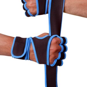 Black and blue hand gym gloves designed for weightlifting and other exercises, made with high-quality materials for a comfortable and secure fit. These gloves feature reinforced stitching, adjustable wrist straps, and a non-slip grip to prevent injuries and enhance performance. Ideal for fitness enthusiasts who want to protect their hands and improve their grip during intense workouts.