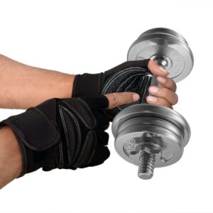 Black hand gym gloves designed for weightlifting and other exercises, made with high-quality materials for a comfortable and secure fit. These gloves feature reinforced stitching, adjustable wrist straps, and a non-slip grip to prevent injuries and enhance performance. Perfect for fitness enthusiasts who want to protect their hands and improve their grip during intense workouts.