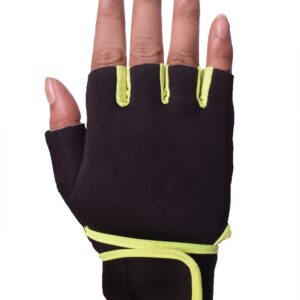 Black and green hand gym gloves made with high-quality materials for a comfortable and secure fit during weightlifting and other exercises. These gloves feature reinforced stitching, adjustable wrist straps, and a non-slip grip to prevent injury and maximize performance. Perfect for fitness enthusiasts who want to protect their hands and improve their workout experience.