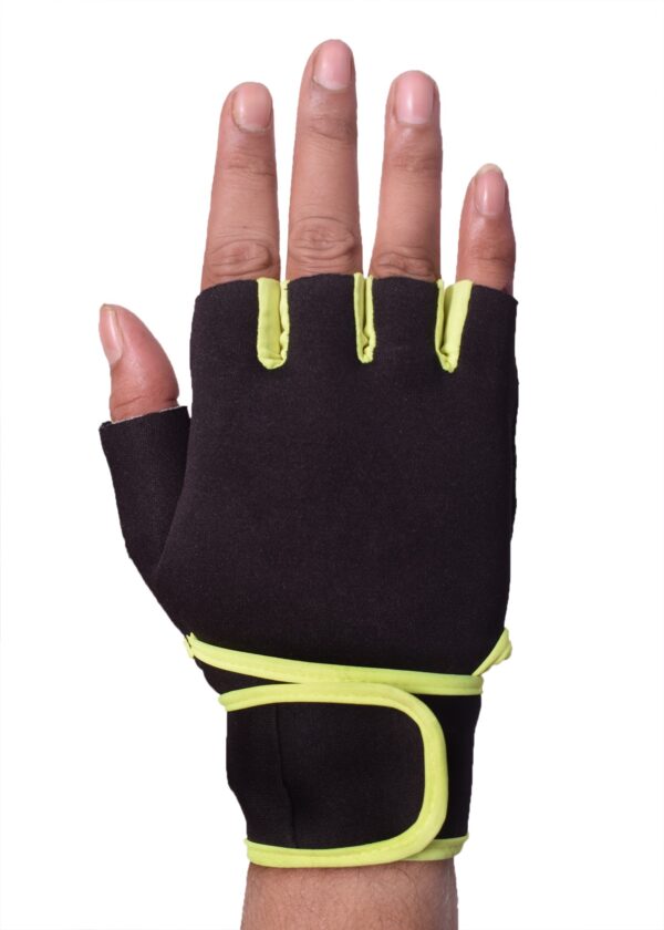 Black and green hand gym gloves made with high-quality materials for a comfortable and secure fit during weightlifting and other exercises. These gloves feature reinforced stitching, adjustable wrist straps, and a non-slip grip to prevent injury and maximize performance. Perfect for fitness enthusiasts who want to protect their hands and improve their workout experience.