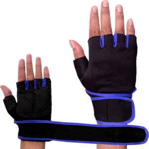 Black and blue hand gym gloves designed for weightlifting and other exercises, made with high-quality materials for a comfortable and secure fit. These gloves feature reinforced stitching, adjustable wrist straps, and a non-slip grip to prevent injuries and enhance performance. Ideal for fitness enthusiasts who want to protect their hands and improve their grip during intense workouts.