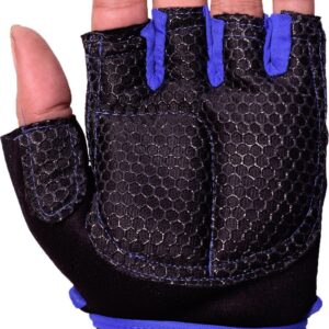 Black and blue hand gym gloves designed for weightlifting and other exercises, made with high-quality materials for a comfortable and secure fit. These gloves feature reinforced stitching, adjustable wrist straps, and a non-slip grip to prevent injuries and enhance performance. Ideal for fitness enthusiasts who want to protect their hands and improve their grip during intense workouts.