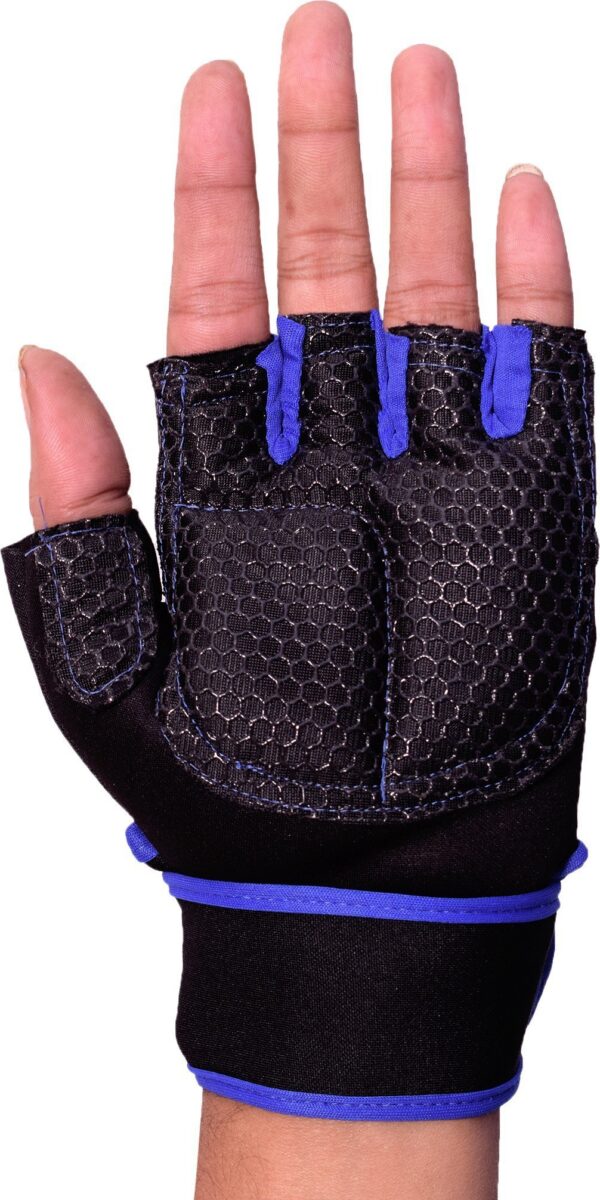 Black and blue hand gym gloves designed for weightlifting and other exercises, made with high-quality materials for a comfortable and secure fit. These gloves feature reinforced stitching, adjustable wrist straps, and a non-slip grip to prevent injuries and enhance performance. Ideal for fitness enthusiasts who want to protect their hands and improve their grip during intense workouts.