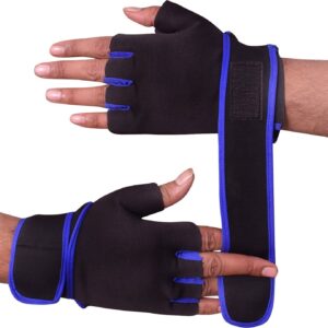 Black and blue hand gym gloves designed for weightlifting and other exercises, made with high-quality materials for a comfortable and secure fit. These gloves feature reinforced stitching, adjustable wrist straps, and a non-slip grip to prevent injuries and enhance performance. Ideal for fitness enthusiasts who want to protect their hands and improve their grip during intense workouts.