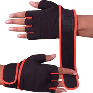Black and red hand gym gloves designed for weightlifting and other exercises, made with durable materials to ensure a secure and comfortable fit. These gloves feature reinforced stitching, adjustable wrist straps, and a non-slip grip to maximize performance and prevent injuries. Perfect for fitness enthusiasts who want to protect their hands during intense workouts and improve their grip