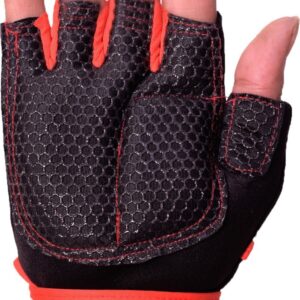 Black and red hand gym gloves designed for weightlifting and other exercises, made with durable materials to ensure a secure and comfortable fit. These gloves feature reinforced stitching, adjustable wrist straps, and a non-slip grip to maximize performance and prevent injuries. Perfect for fitness enthusiasts who want to protect their hands during intense workouts and improve their grip