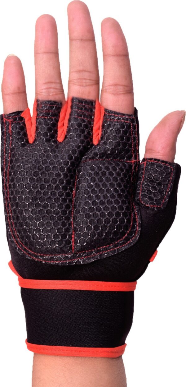 Black and red hand gym gloves designed for weightlifting and other exercises, made with durable materials to ensure a secure and comfortable fit. These gloves feature reinforced stitching, adjustable wrist straps, and a non-slip grip to maximize performance and prevent injuries. Perfect for fitness enthusiasts who want to protect their hands during intense workouts and improve their grip