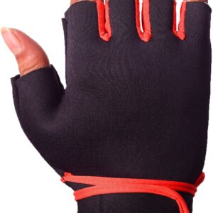 Black and red hand gym gloves designed for weightlifting and other exercises, made with durable materials to ensure a secure and comfortable fit. These gloves feature reinforced stitching, adjustable wrist straps, and a non-slip grip to maximize performance and prevent injuries. Perfect for fitness enthusiasts who want to protect their hands during intense workouts and improve their grip