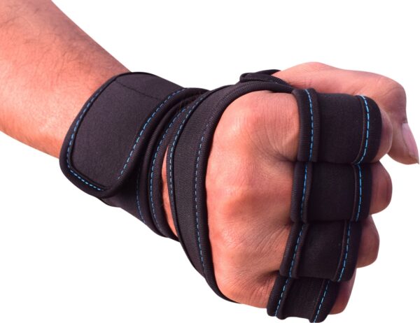 Black hand gym gloves designed for weightlifting and other exercises, made with high-quality materials for a comfortable and secure fit. These gloves feature reinforced stitching, adjustable wrist straps, and a non-slip grip to prevent injuries and enhance performance. Perfect for fitness enthusiasts who want to protect their hands and improve their grip during intense workouts.