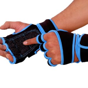 Black and blue hand gym gloves designed for weightlifting and other exercises, made with high-quality materials for a comfortable and secure fit. These gloves feature reinforced stitching, adjustable wrist straps, and a non-slip grip to prevent injuries and enhance performance. Ideal for fitness enthusiasts who want to protect their hands and improve their grip during intense workouts.