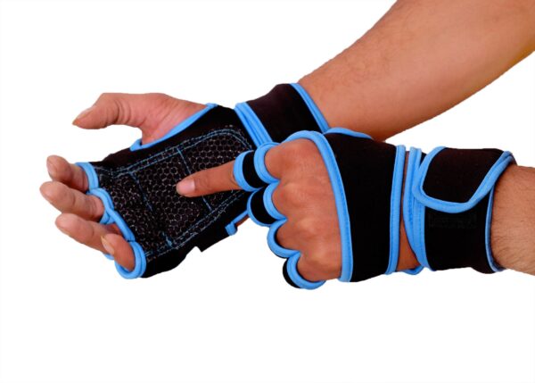 Black and blue hand gym gloves designed for weightlifting and other exercises, made with high-quality materials for a comfortable and secure fit. These gloves feature reinforced stitching, adjustable wrist straps, and a non-slip grip to prevent injuries and enhance performance. Ideal for fitness enthusiasts who want to protect their hands and improve their grip during intense workouts.