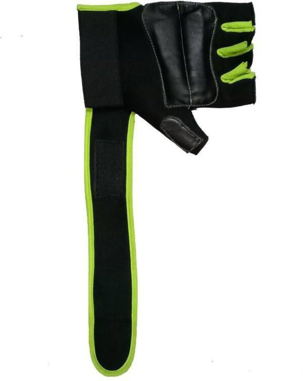 Black and green hand gym gloves made with high-quality materials for a comfortable and secure fit during weightlifting and other exercises. These gloves feature reinforced stitching, adjustable wrist straps, and a non-slip grip to prevent injury and maximize performance. Perfect for fitness enthusiasts who want to protect their hands and improve their workout experience.