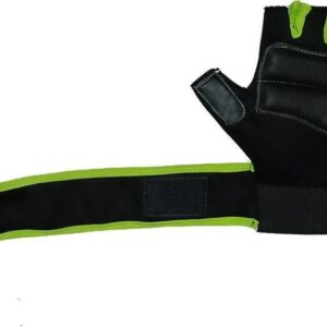 Black and green hand gym gloves made with high-quality materials for a comfortable and secure fit during weightlifting and other exercises. These gloves feature reinforced stitching, adjustable wrist straps, and a non-slip grip to prevent injury and maximize performance. Perfect for fitness enthusiasts who want to protect their hands and improve their workout experience.